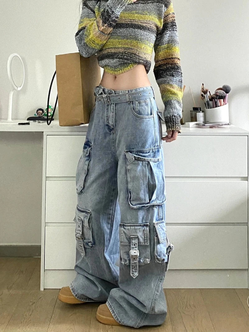 Multi-Pocket Cargo Jeans - American Street Baggy Wide Leg Denim