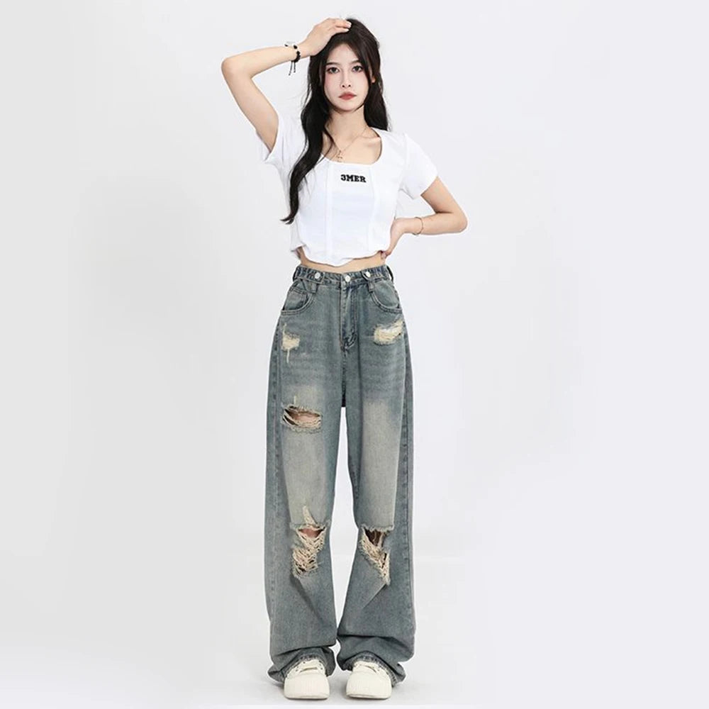 American Retro Distressed Wide Leg Jeans - High Waist Streetwear Denim