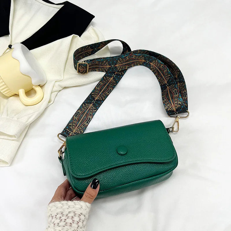 Wide Strap PU Leather Crossbody Bag - Small Flap Shoulder Purse