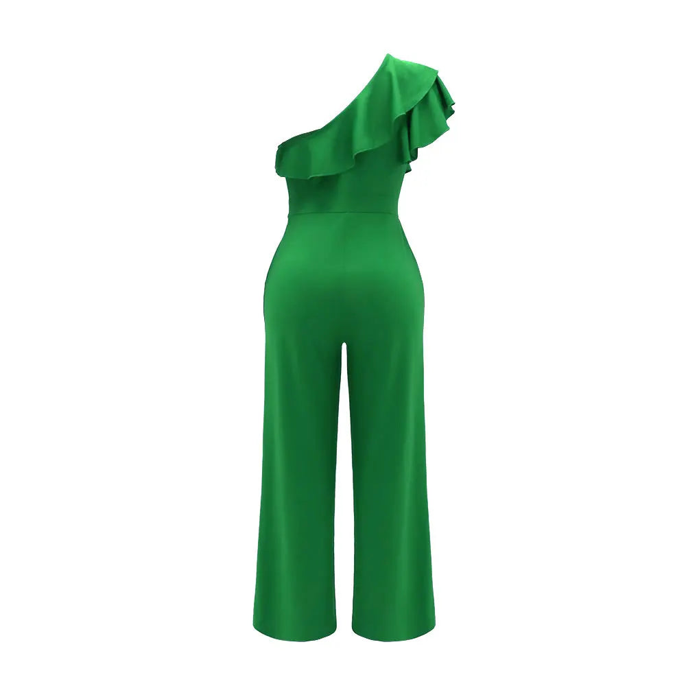 Ruffle One Shoulder Jumpsuit - Solid Spring Summer Statement Outfit