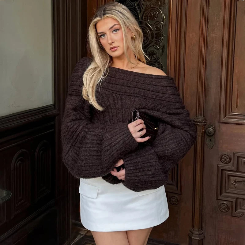 Off Shoulder Loose Sweater - Brown Retro Slash Neck Knit Top