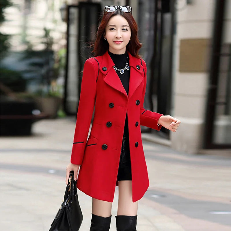 Slim Double Breasted Woolen Coat - Long Belted Winter Jacket