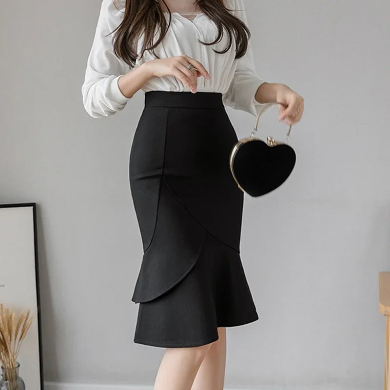 Elegant Black Bodycon Midi Skirt - High Waist Office Corset Skirt