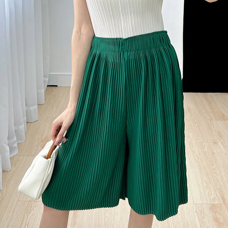 Pleated Five Point Shorts - Loose High Waist Drape Summer Mid Pants