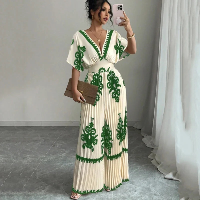 Deep V Backless Wide Leg Jumpsuit - Printed High Waist Outfit