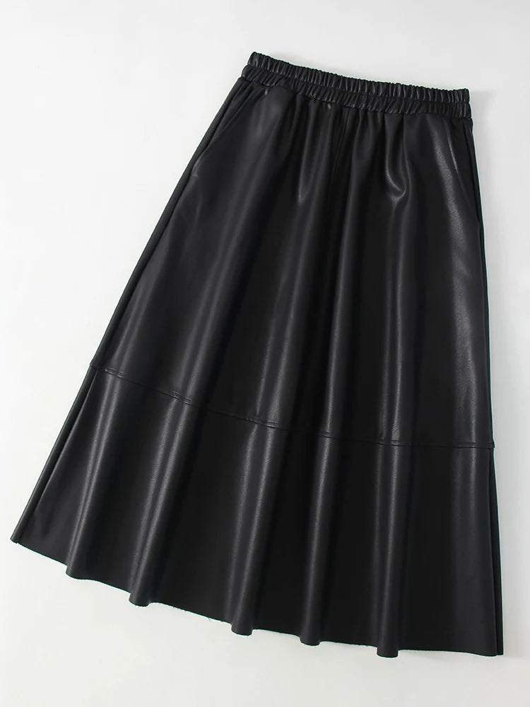 Midi Faux Leather A-Line Skirt - Elastic Waist Pocket Swing Skirt
