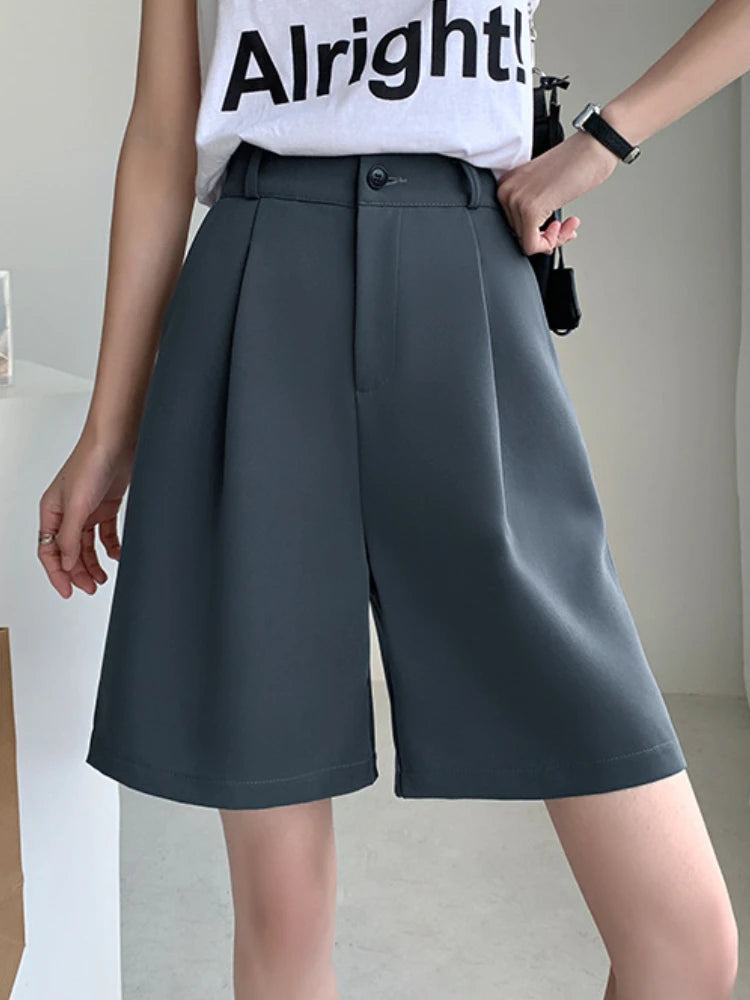 Wide Leg Suit Shorts - High Waist Knee Length Office Summer Shorts