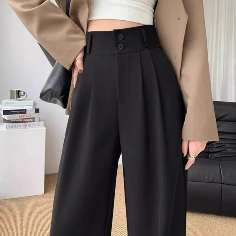 Korean High Waist Wide Leg Suit Pants - Office Streetwear Trousers