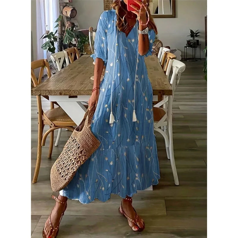 Bohemian Floral V Neck Maxi Dress - Drawstring Beach Vacation Outfit