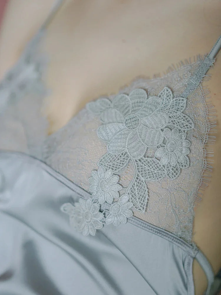 Lace Back Strap Nightgown - Flower Detail Solid Color Sleepwear