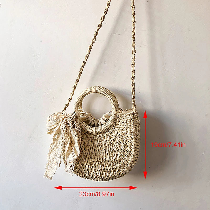 Half-Round Rattan Straw Crossbody Bag - Handmade Summer Beach Purse