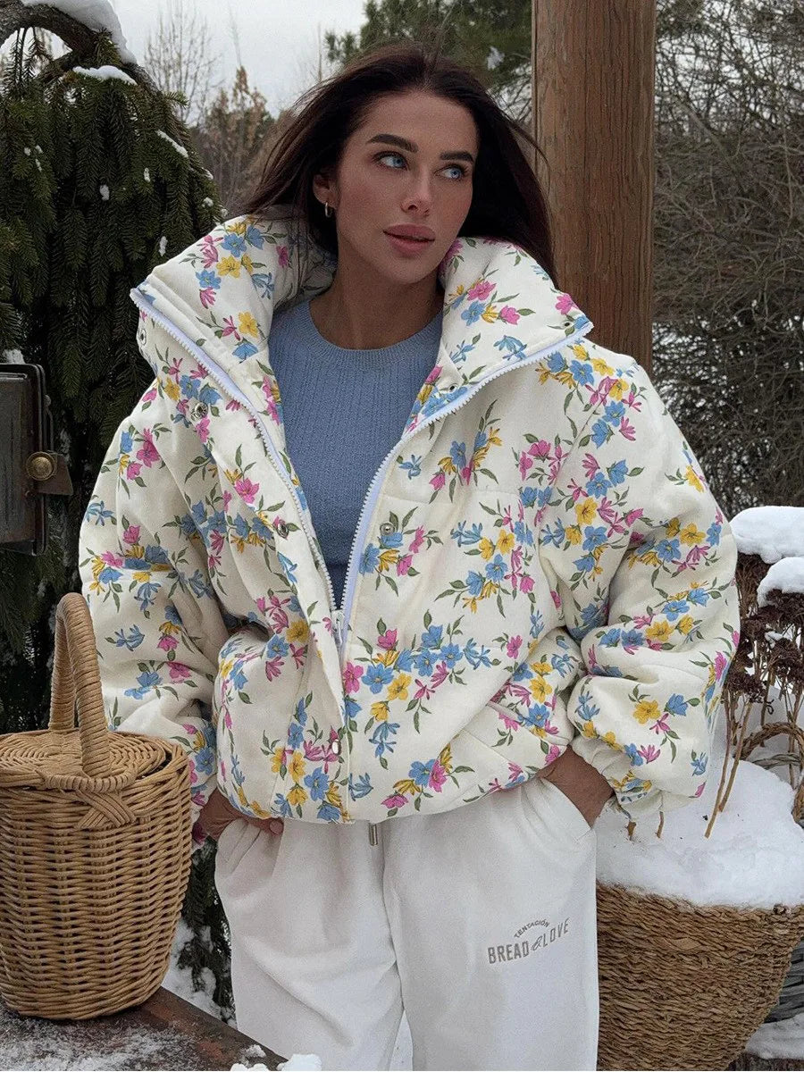 Floral Print Puffer Jacket - Stand Collar Warm Cotton Filled Coat