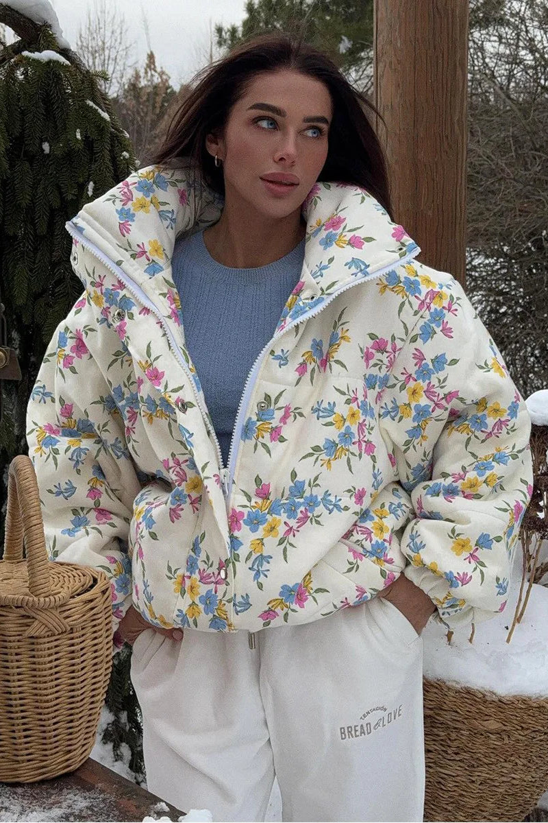 Floral Print Puffer Jacket - Stand Collar Warm Cotton Filled Coat
