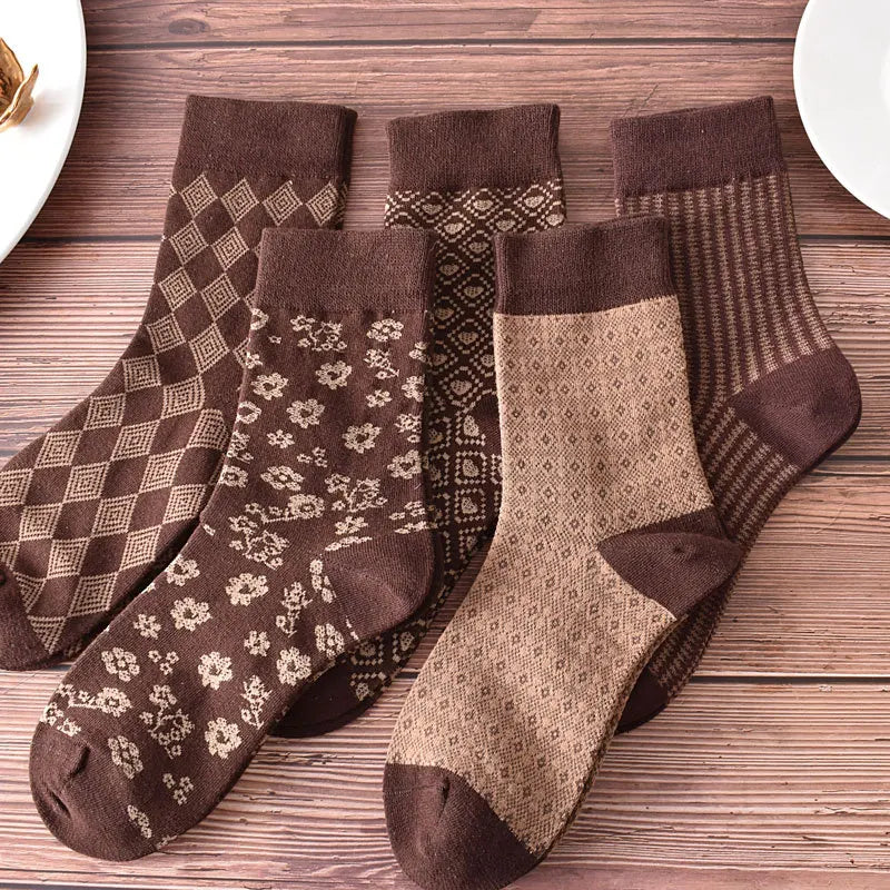 Floral Embossed Knit Socks - Retro Harajuku 5 Pair Style