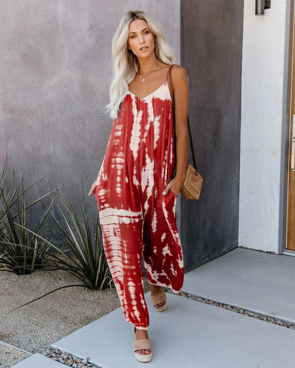 Rose Red Suspender Wide Leg Jumpsuit - Ankle Length Statement Outfit