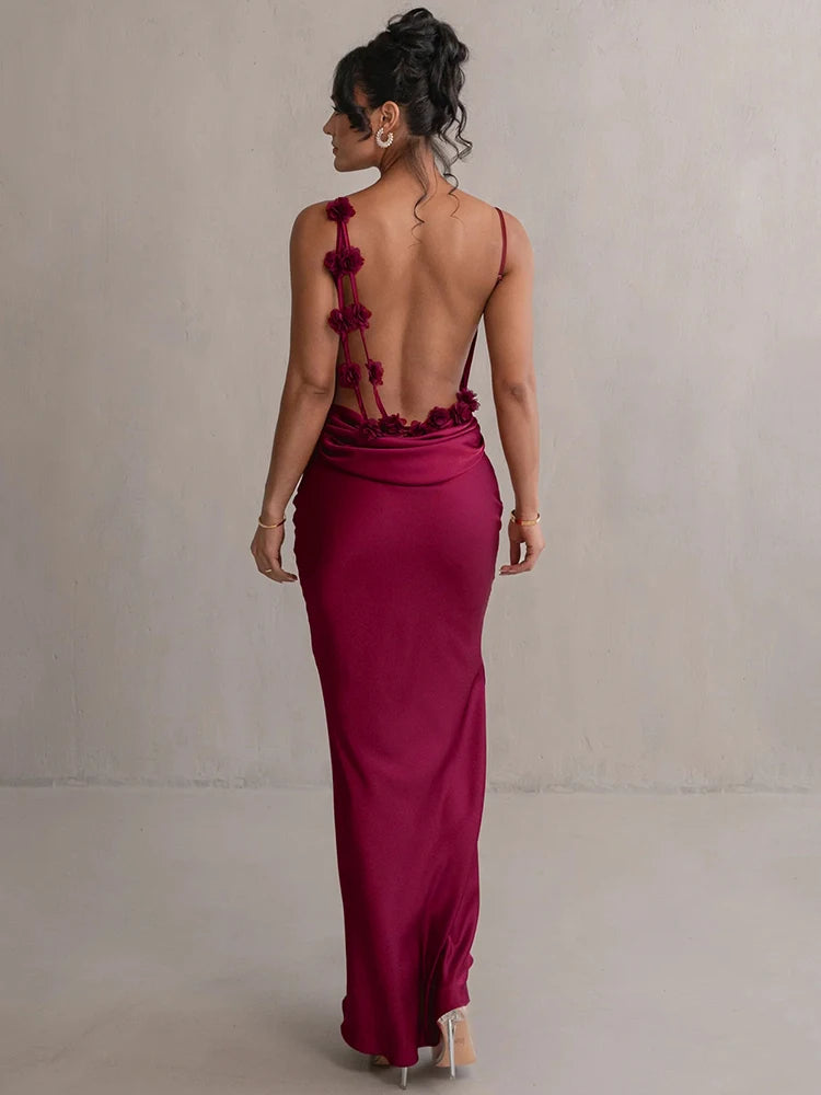 Floral Draped Backless Maxi Dress - Spaghetti Strap Bodycon Evening Outfit