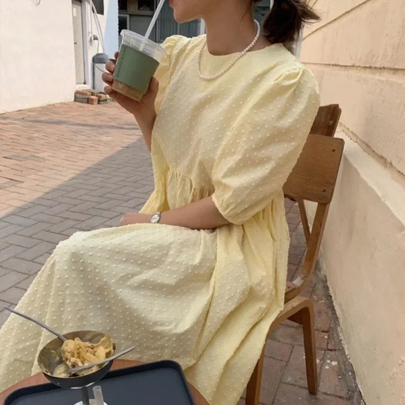Polka Dot Puff Sleeve Long Dress - Casual O Neck Party Outfit