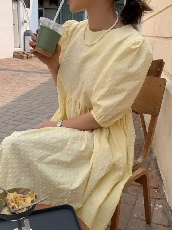 Polka Dot Puff Sleeve Long Dress - Casual O Neck Party Outfit