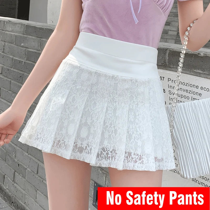 High Waist Lace Pleated Mini Skirt - Sweet Black White Student Skirt
