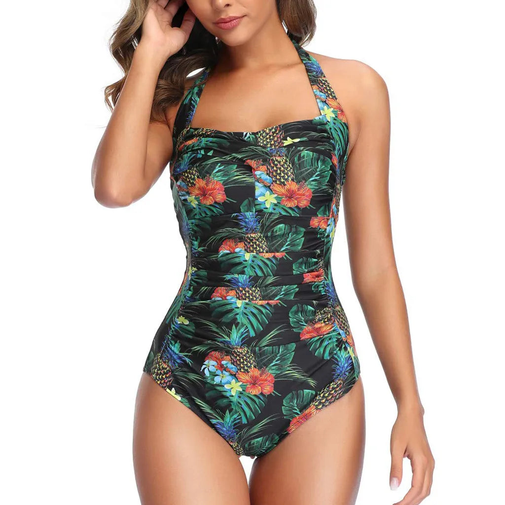 Floral Slim Fit One Piece Swimsuit - Push Up Padded Monokini