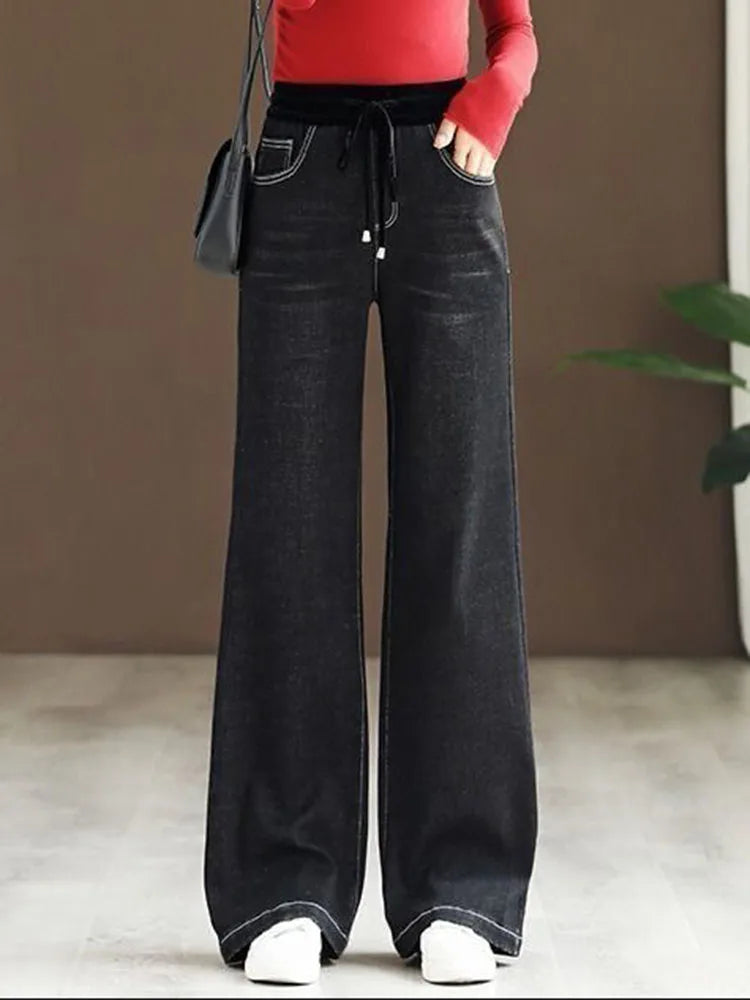 Elastic High Waist Baggy Jeans - Korean Oversized Wide Leg Denim