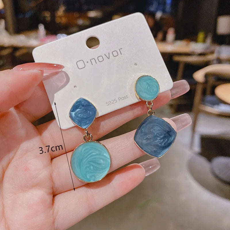 Blue Geometric Flower Butterfly Dangle Earrings - Bohemian Statement Jewelry
