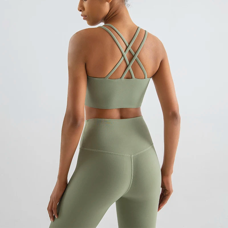 Nylon Cross Back Sports Bra - Elastic Yoga Gym Bralette