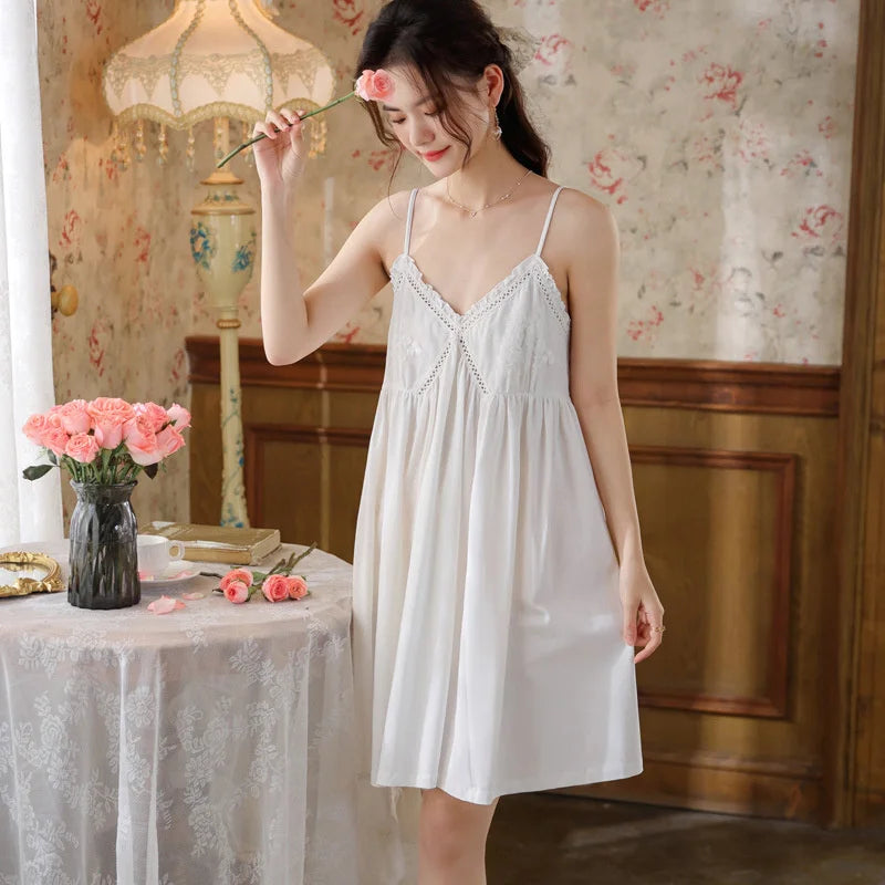 Embroidered Lace Cotton Nightdress - Palace Style Sling Sleepwear
