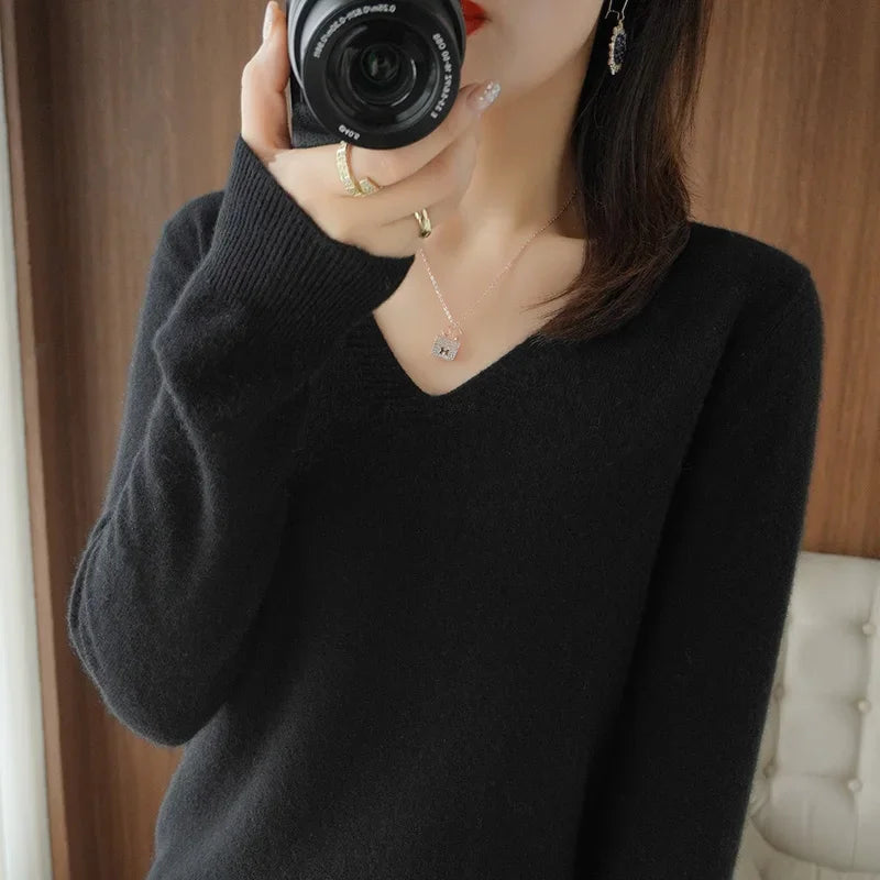 V Neck Stretch Pullover Sweater - Slim Solid Knitwear Top
