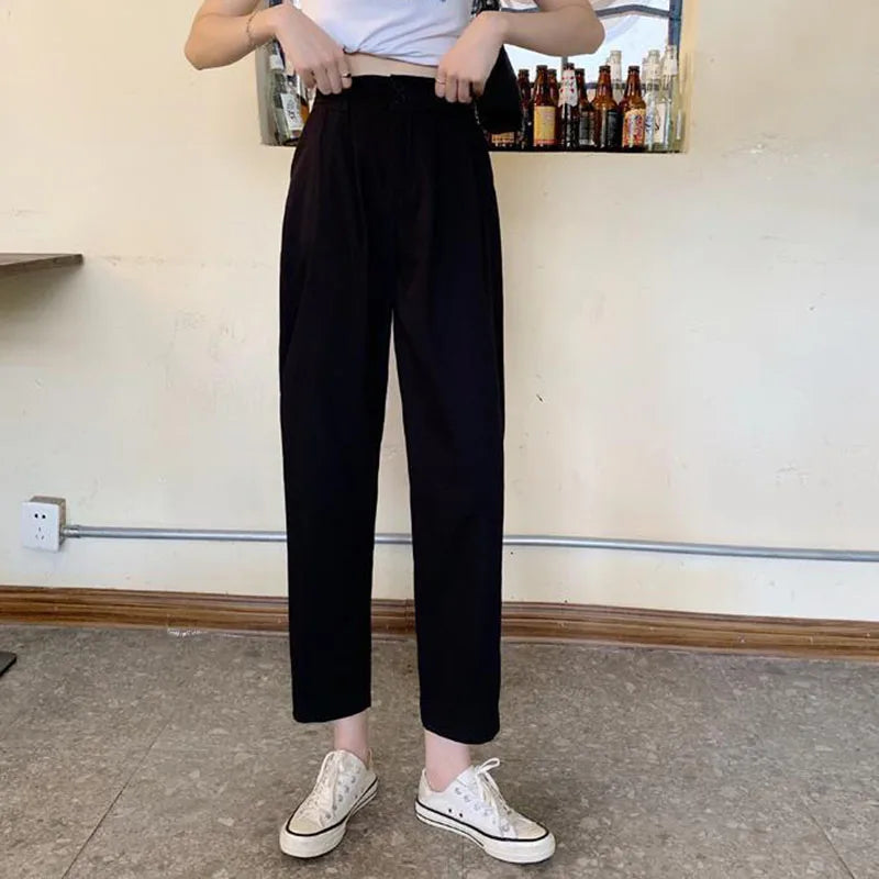 Black Gray High Waist Suit Pants - Loose Nine Point Trousers