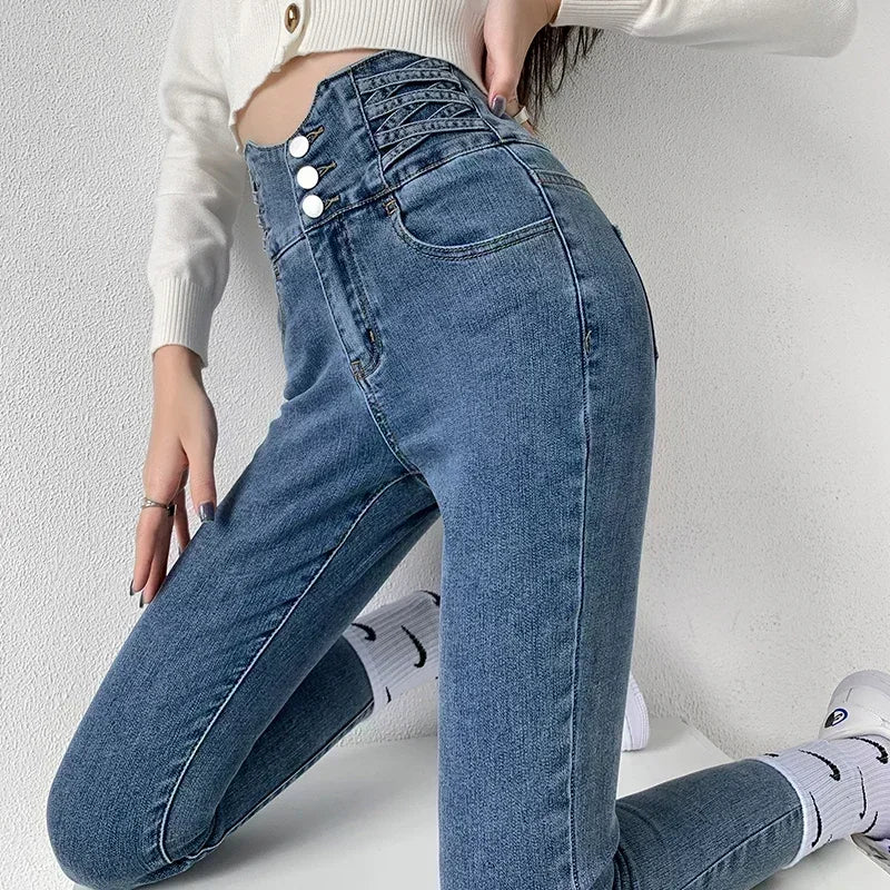 Four Button Skinny Pencil Jeans - Vintage High Waist Stretch Denim