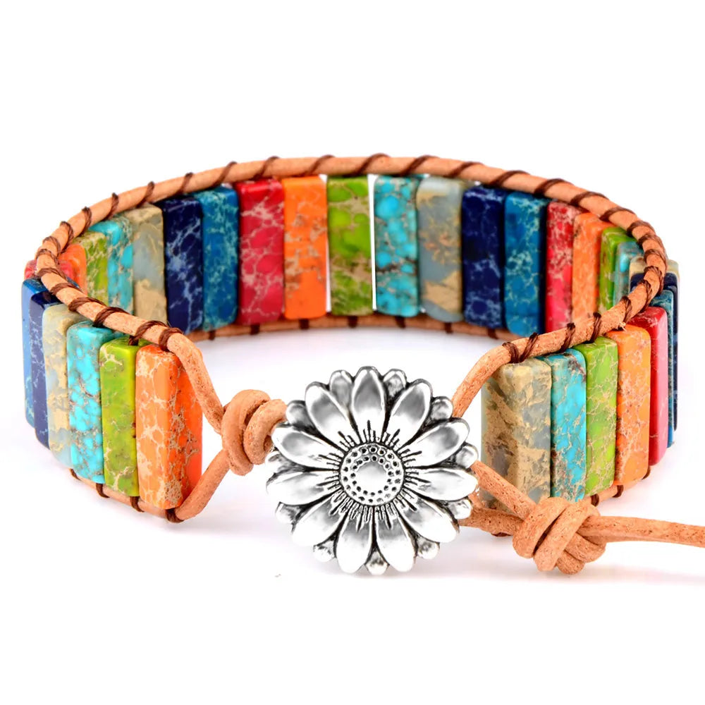 Multicolor Natural Stone Leather Wrap Bracelet - Tibetan Gypsy Bead Jewelry