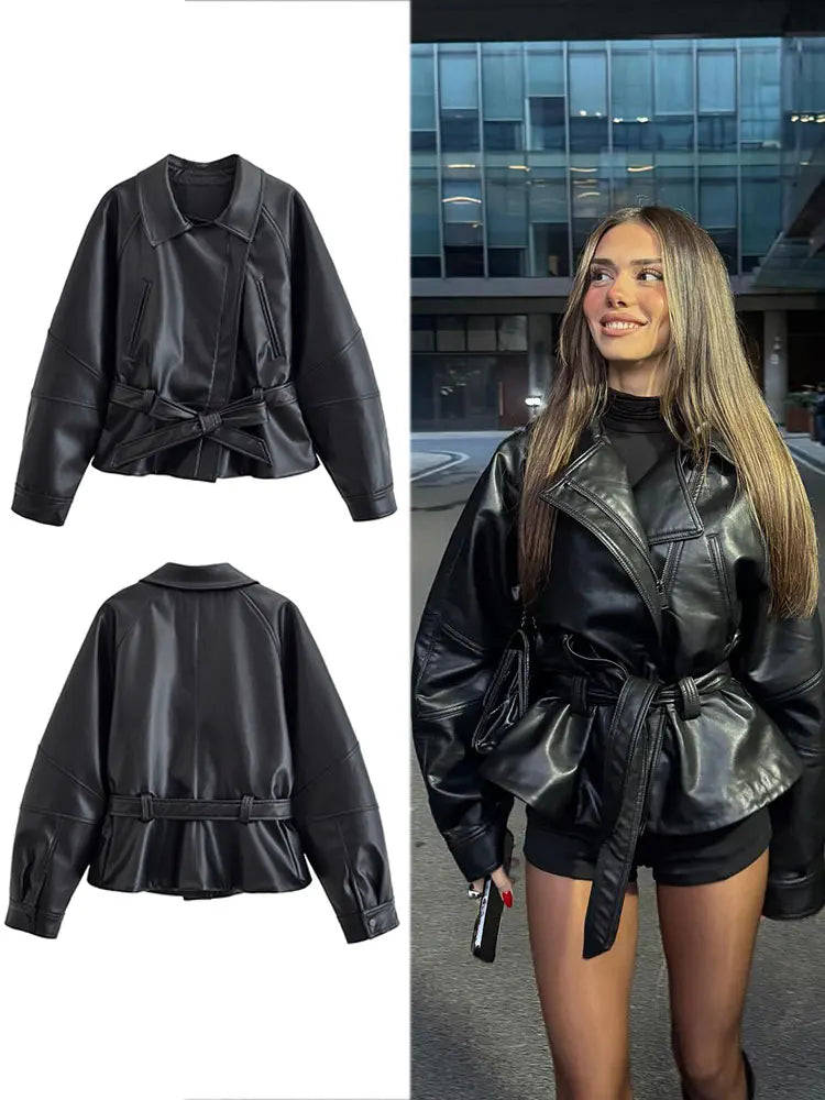Faux Leather Belted Trench Jacket - Short Motorcycle Style Coat