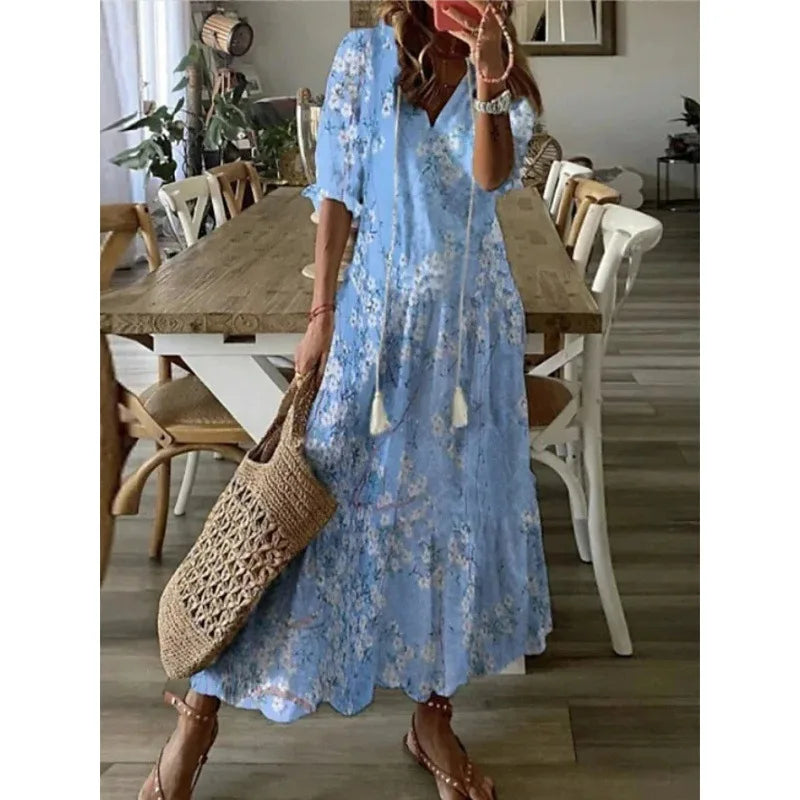 Bohemian Floral V Neck Maxi Dress - Drawstring Beach Vacation Outfit