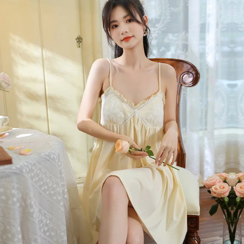 Embroidered Lace Cotton Nightdress - Palace Style Sling Sleepwear