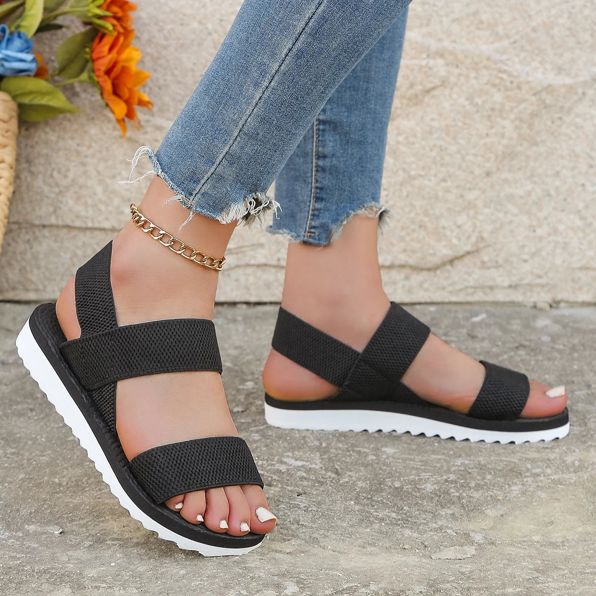 Pure Black Lace-Up Flat Sandals - Anti-Slip Comfortable Summer Shoes