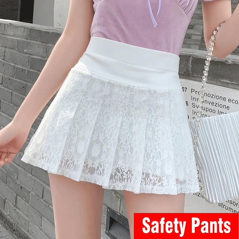 High Waist Lace Pleated Mini Skirt - Sweet Black White Student Skirt