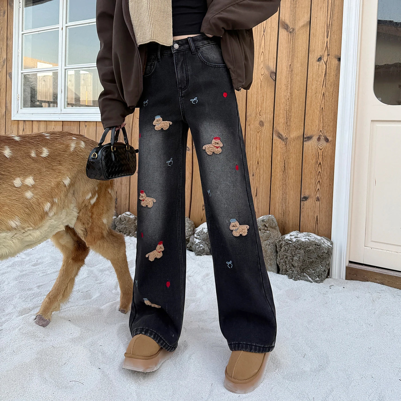 Embroidered Dog Straight Leg Jeans - Korean Loose Denim Pants