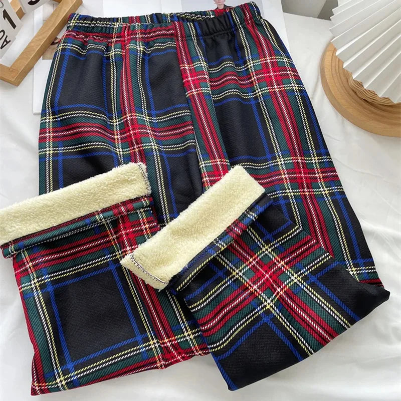 Fleece Lined Plaid Trousers - High Waisted Straight Winter Pants