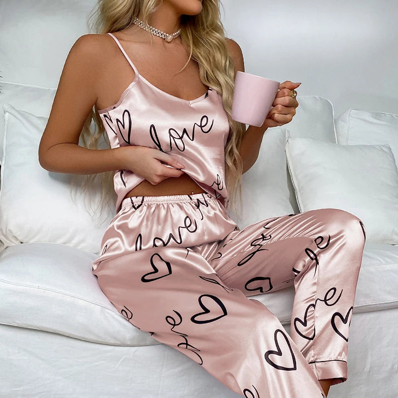 Satin Cami Vest Pajama Set - V Neck Top and Trousers Nightwear