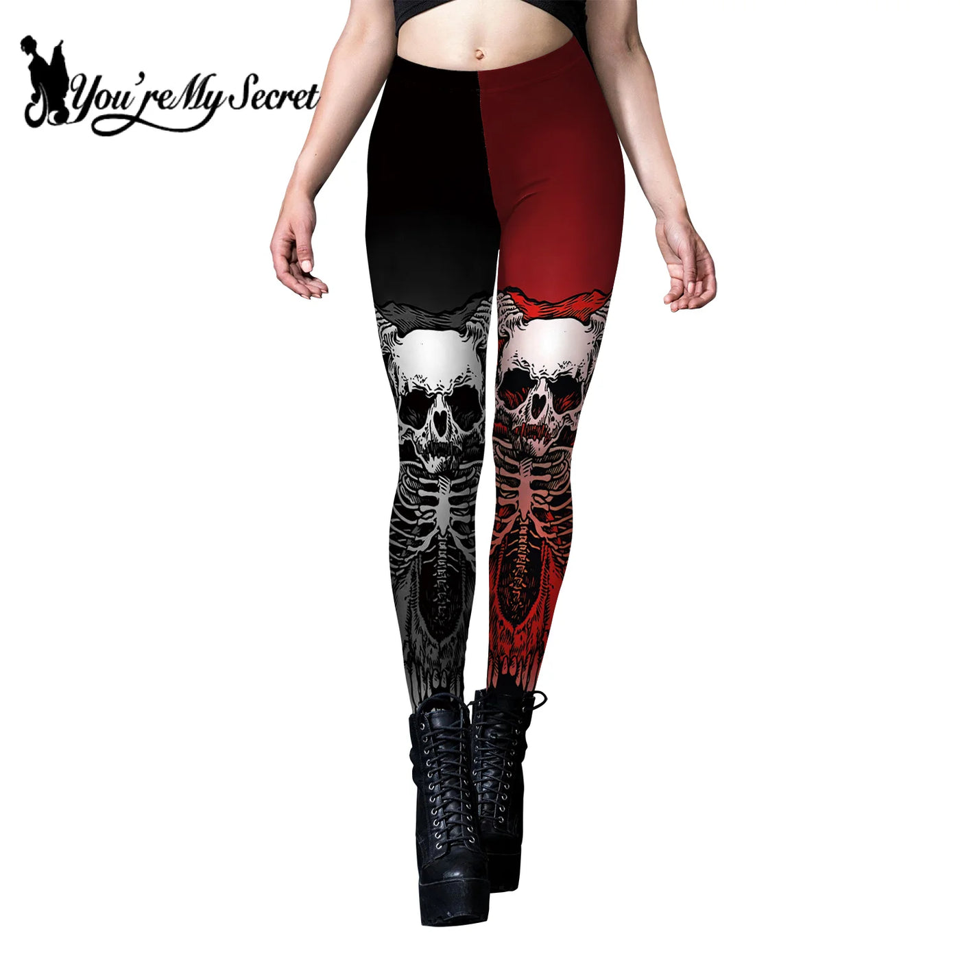 Halloween Skeleton Print Leggings - Gothic Punk Stretch Tights