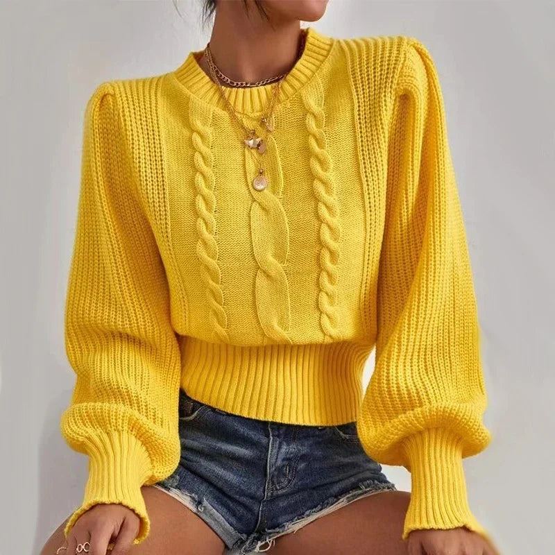 Lantern Sleeve Knitted Sweater - Solid Loose Autumn Pullover