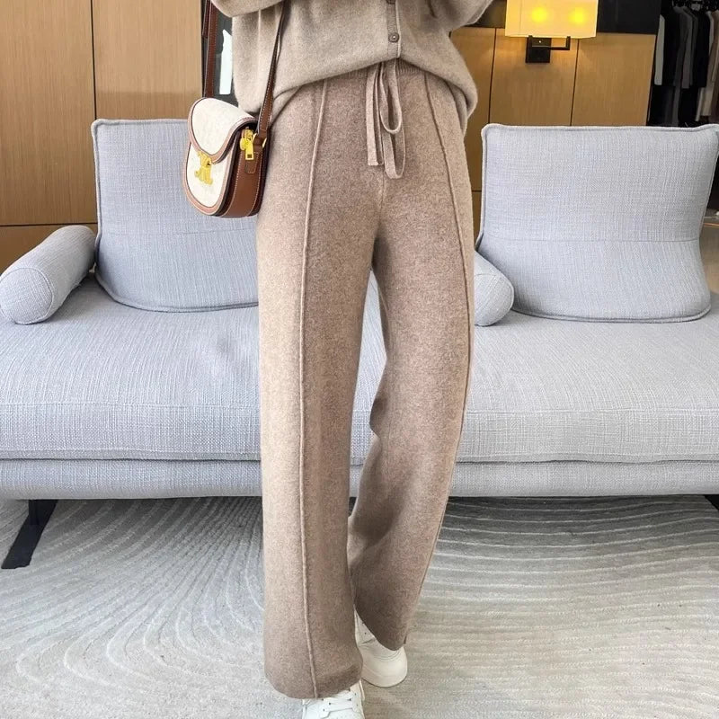 Knitted High Waist Wide Leg Pants - Autumn Winter Straight Trousers
