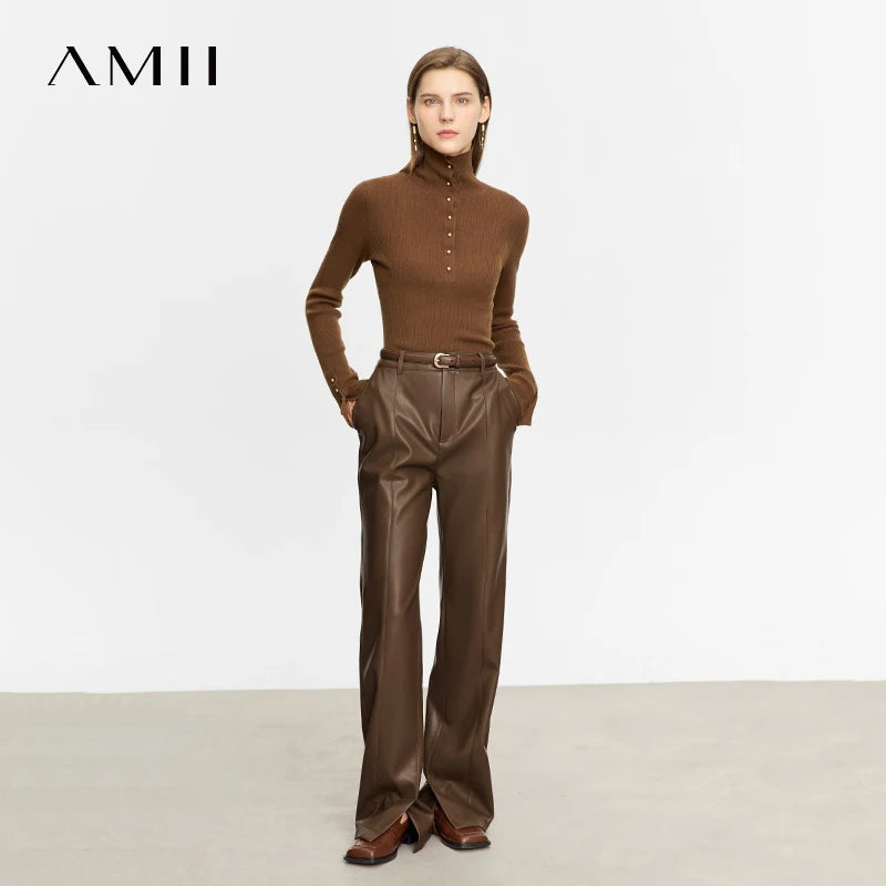 PU Leather Straight Slit Pants - Minimalist Floor Length Trousers