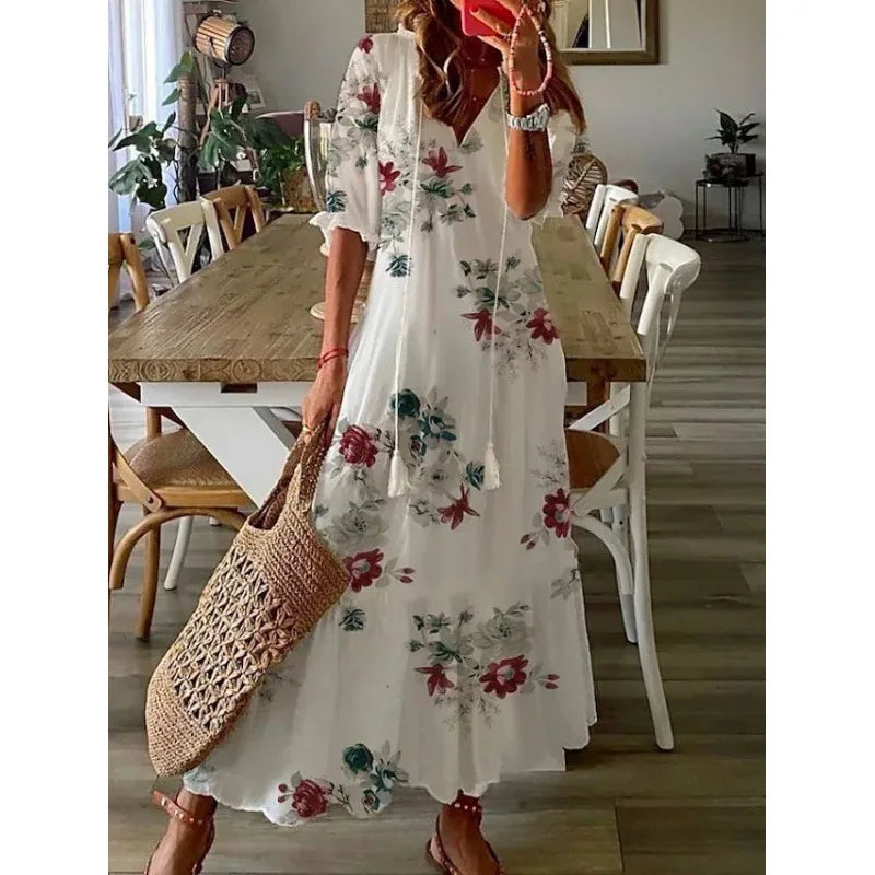Bohemian Floral V Neck Maxi Dress - Drawstring Beach Vacation Outfit