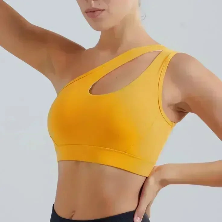 One Shoulder Yoga Sports Bra - Wire Free Push Up Crop Top