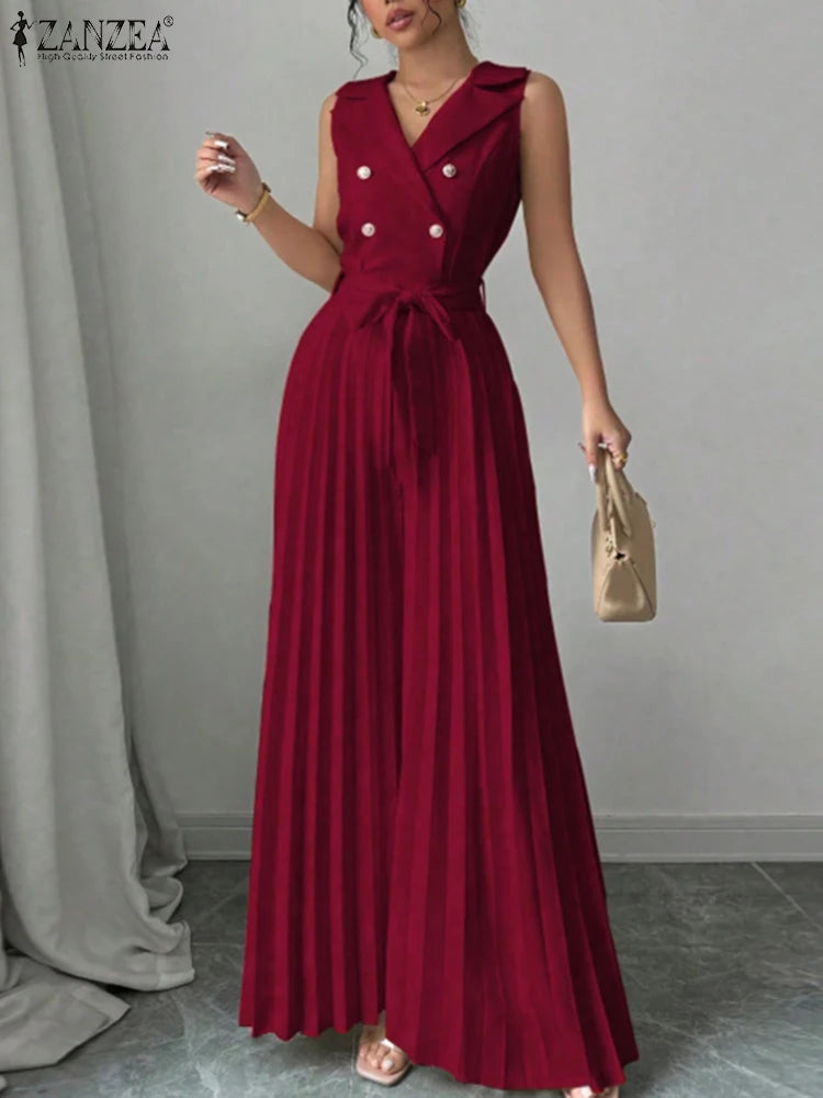 ZANZEA V Neck Pleated Jumpsuit - Sleeveless Wide Leg Workwear