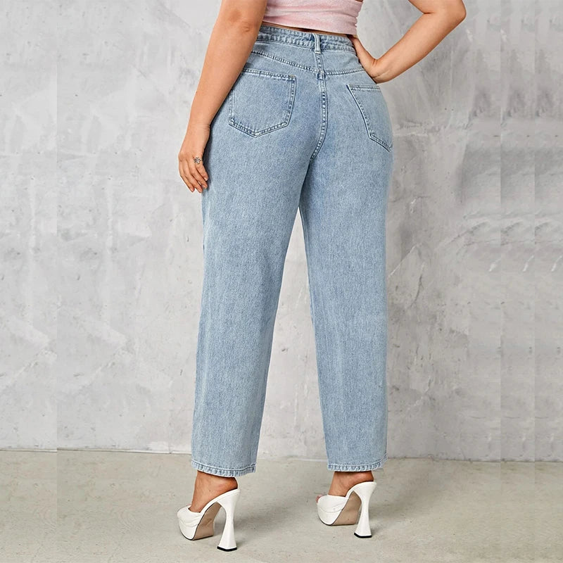 Plus Size Dark Blue Stretch Jeans - Loose Straight Autumn Denim Pants