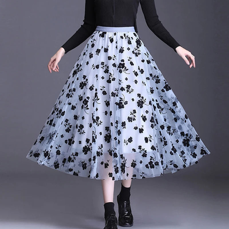 Korean Floral Tulle Midi Skirt - Elegant Mesh Casual Summer Skirt