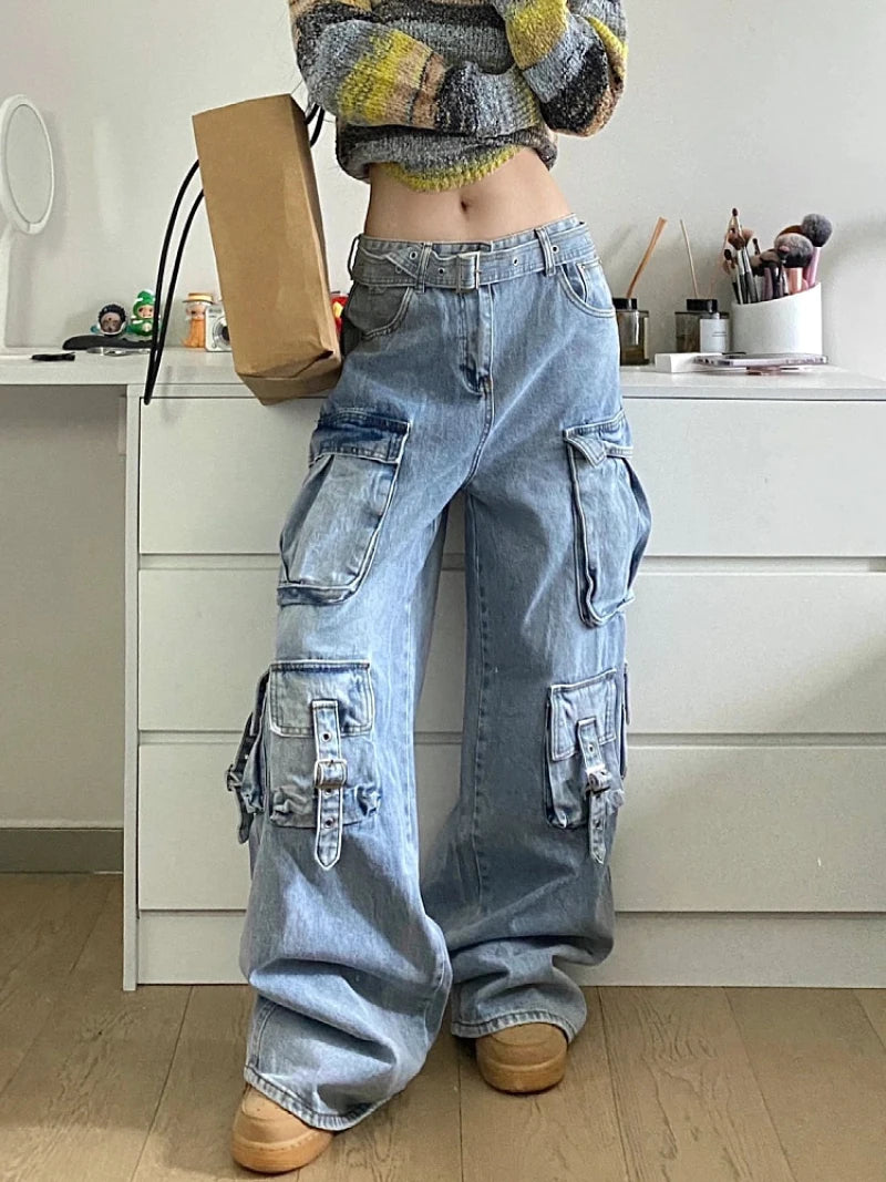 Multi-Pocket Cargo Jeans - American Street Baggy Wide Leg Denim